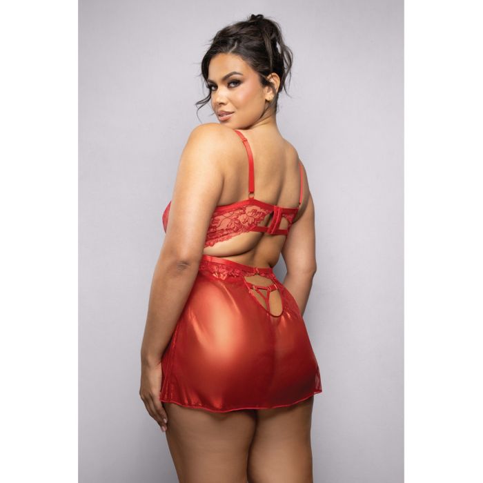 Ruby Shimmer Lace & Mesh Babydoll w/Panty - Red
