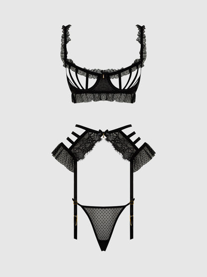 PORTIA SWISS DOT CUTOUT BRA, GARTER & THONG SET