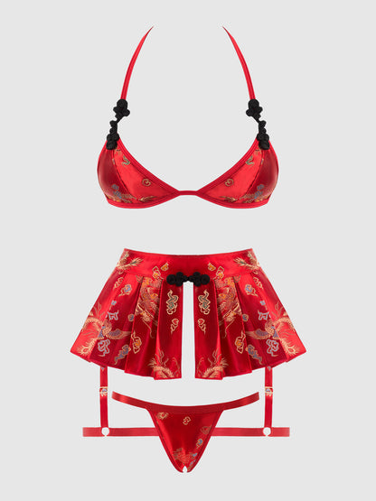 DRAGON TRIANGLE BRALETTE, SKIRTED GARTER & THONG SET