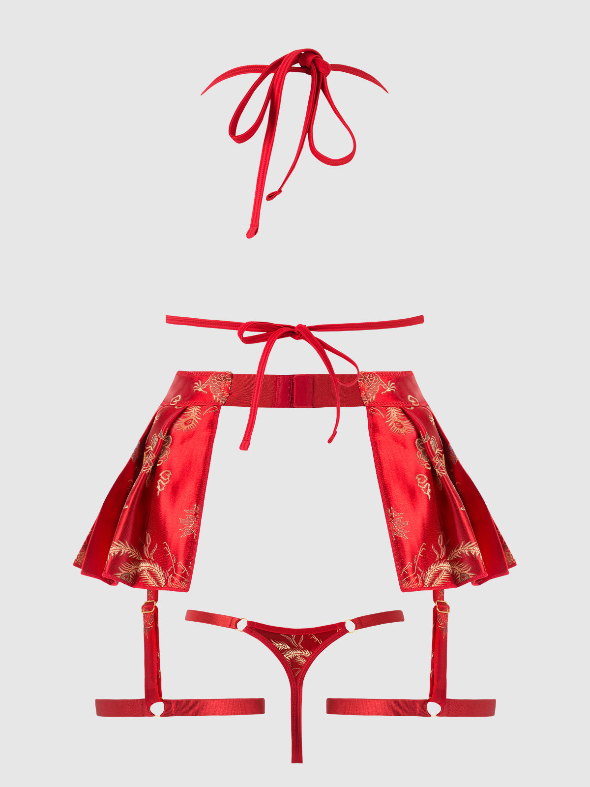 DRAGON TRIANGLE BRALETTE, SKIRTED GARTER & THONG SET