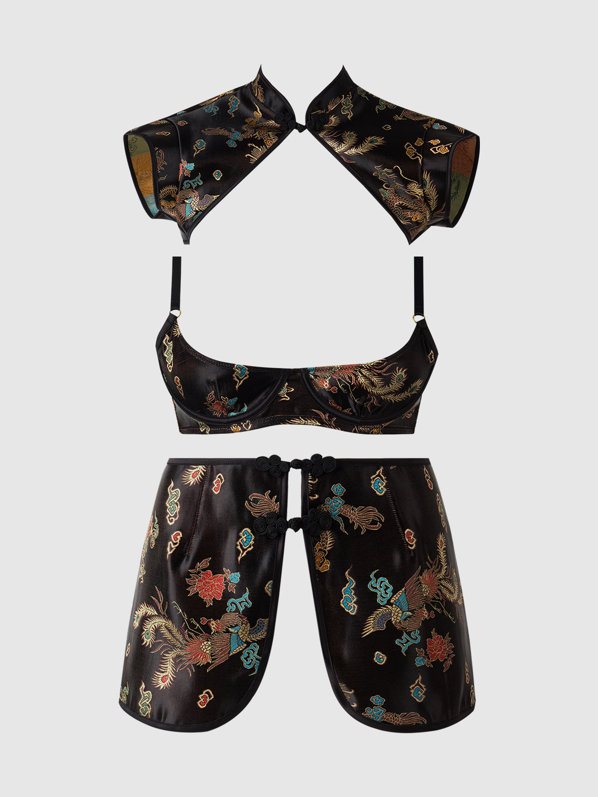 DRAGON SATIN BRA, BOLERO & MINI SKIRT SET