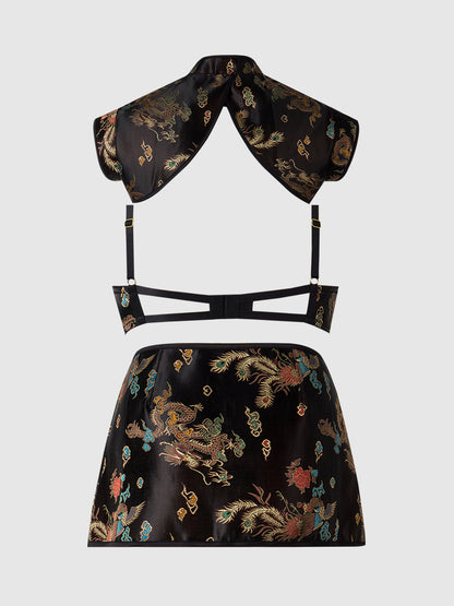 DRAGON SATIN BRA, BOLERO & MINI SKIRT SET