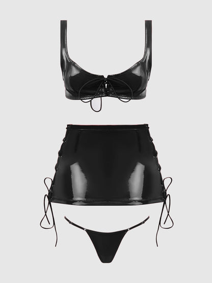 TRINITY PATENT LACE UP BRALETTE, SKIRT & G-STRING SET