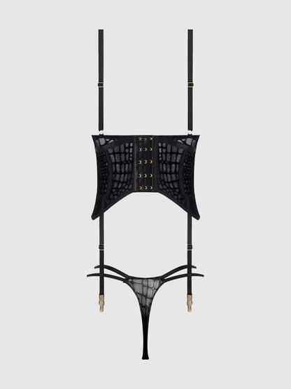 SNAKE VELVET-BURNOUT MESH BUSTIER & THONG SET