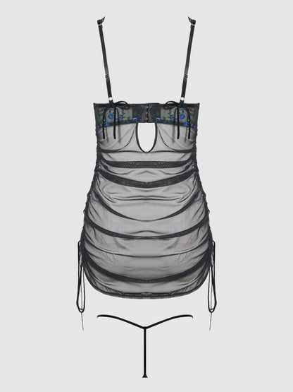 HARPER EMBROIDERED MESH SIDE CINCH CHEMISE & G-STRING SET