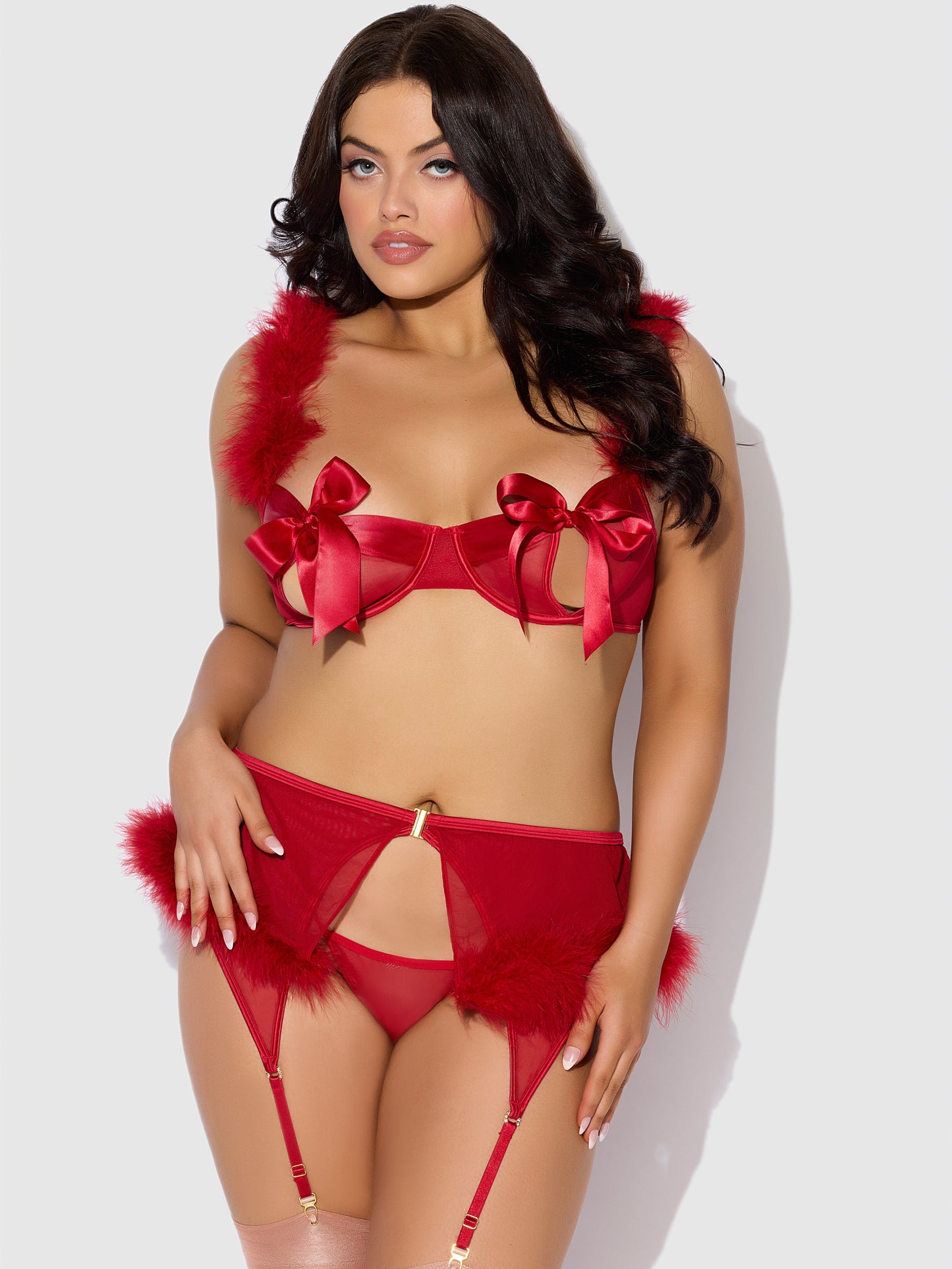 MARILYN MARABOU & MESH OPENABLE BRA, GARTER, & G-STRING SET
