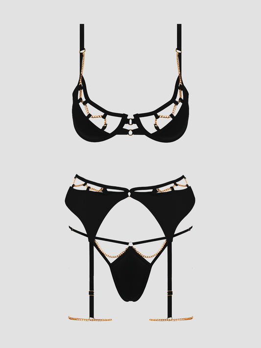 EVANGELINE SATIN & CHAIN BRA, THIGH GARTER & G-STRING SET