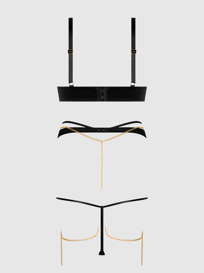 EVANGELINE SATIN & CHAIN BRA, THIGH GARTER & G-STRING SET