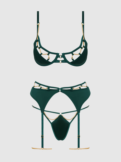 EVANGELINE SATIN & CHAIN BRA, THIGH GARTER & G-STRING SET