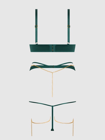 EVANGELINE SATIN & CHAIN BRA, THIGH GARTER & G-STRING SET