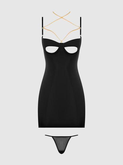 EVANGELINE SATIN & CHAIN CUTOUT CUP & OPEN BACK CHEMISE SET
