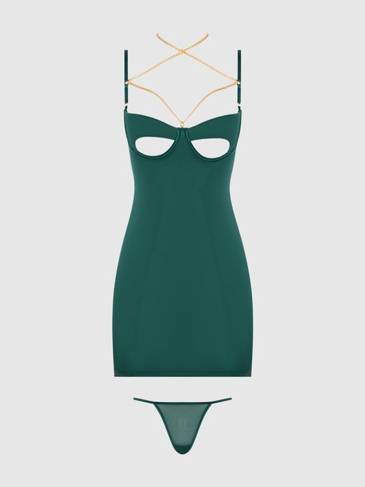 EVANGELINE SATIN & CHAIN CUTOUT CUP & OPEN BACK CHEMISE SET