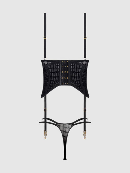 SNAKE VELVET-BURNOUT MESH BUSTIER & THONG SET