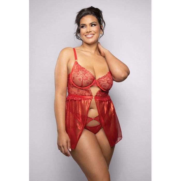 Ruby Shimmer Lace & Mesh Babydoll w/Panty - Red