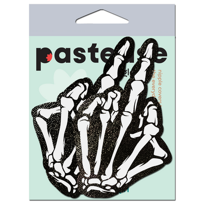 Middle Finger Skeleton Hand Pasties Glow in the Dark White & Black Boney Hand Nipple Covers by Pastease®