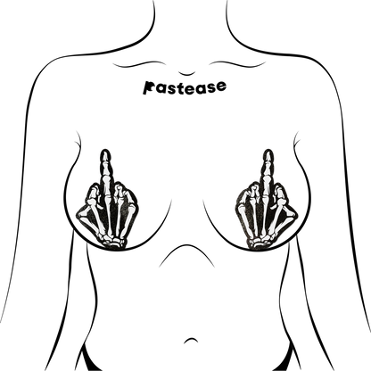 Middle Finger Skeleton Hand Pasties Glow in the Dark White & Black Boney Hand Nipple Covers by Pastease®